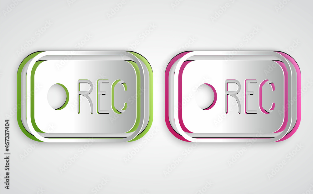 Poster paper cut record button icon isolated on grey background. rec button. paper art style. vector