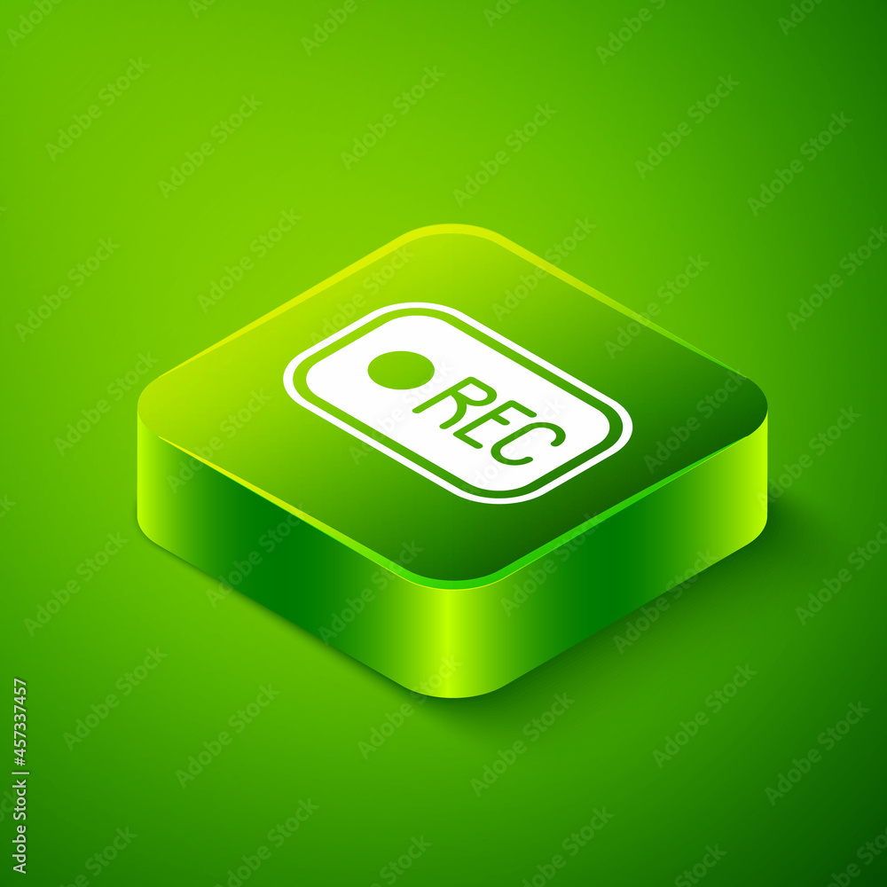 Poster isometric record button icon isolated on green background. rec button. green square button. vector