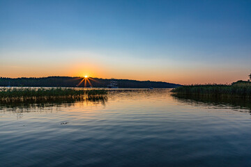 Jezioro Mikołajskie, zachód słońca, statek Chopin
