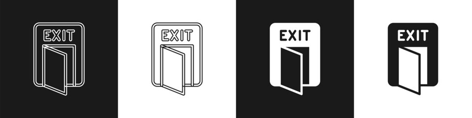 Set Fire exit icon isolated on black and white background. Fire emergency icon. Vector