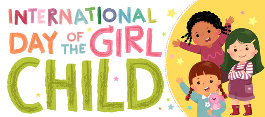 Vector horizontal banners International Day of the girl child with three little girls on yellow background.