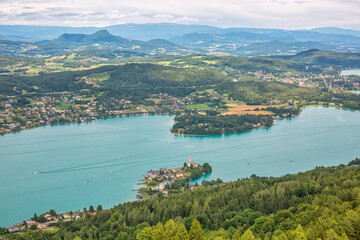 Fototapeta na wymiar Aerial view to Worthersee lake in Austria, summertime travel des