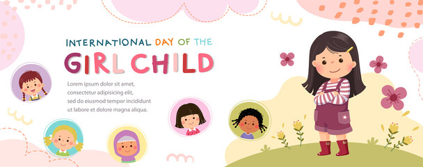 Vector horizontal banners with a little girl hugging herself. International Day of the girl child.