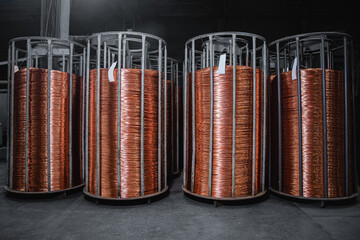 Copper coil cable spool on factory, warehouse factory wire