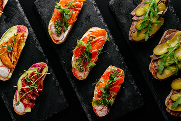 a variety of snacks. menu. top view.