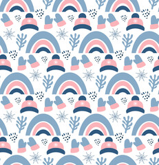Fototapeta na wymiar Christmas seamless pattern with mittens, hats, branches and snowflakes. Perfect for wallpaper, gift paper, pattern fills, textile, Christmas and New Year greetings cards