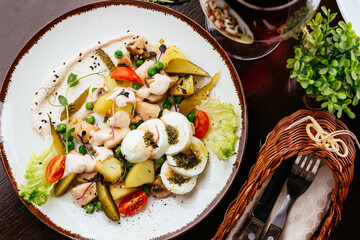 seafood, vegetables, and sauce. menu. top view