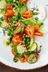 seafood, vegetables, and sauce. menu. top view