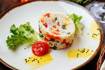 various side dishes of vegetables, rice, potatoes