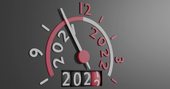Speedo needle on dashboard creeps up making semicircle along dial to twelve o'clock mark of midnight, speedometer cylinders rotating number of year 2021 to  2022. Concept: Eve of New year date change.