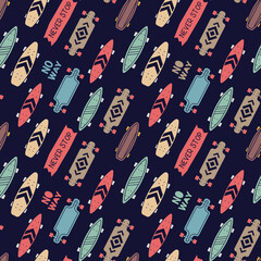 Vector Skateboarding Seamless Pattern with Skateboard. Illustration of Different Wooden Skate Board. Flat Style Design of Skate Color Background