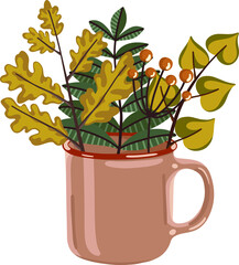 Colorful mug foliage autumn september in vintage style on white background. Autumn mood background. Fall nature tree leaves.  Autumn forest background.