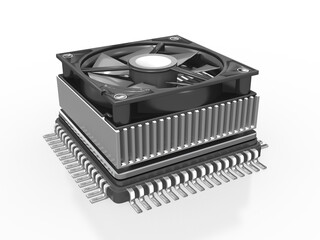 3d Microchip, Prozessor, CPU mit Lüfter und Kühlung, isoliert