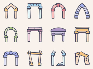 Arches color vector doodle simple icon set