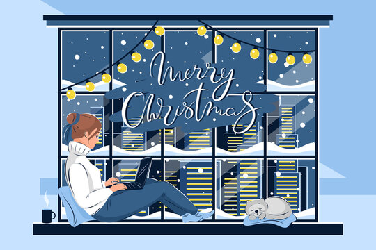 Woman in the sweater and with laptop is sitting at the winter window, the cat is sleeping next to it. Merry Christmas and Happy New Year. Vector illustration of winter holidays