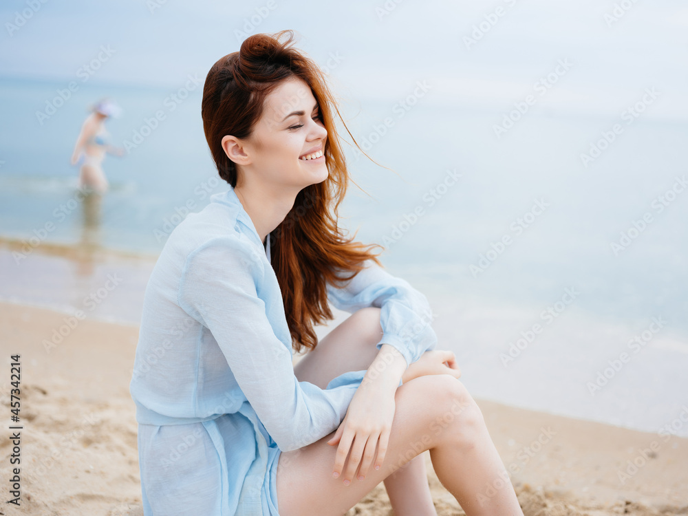 Sticker woman on the beach sea fresh air landscape