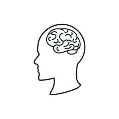 Vector Human Brain in Head Outline Illustration, Face Profile Silhouette, Black Line Art Isolated on White Background.