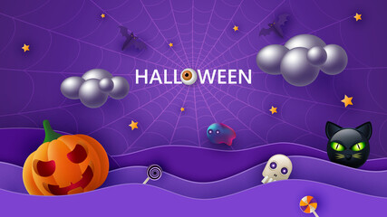 Happy Halloween banner or party invitation background with storm clouds, bats,cat and funny pumpkins i Vector illustration.