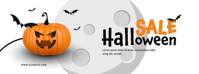 Naklejka premium Halloween business sale banner background, orange and black colour, moon, pumpkin with scary face and flying bats, vector holiday graphic