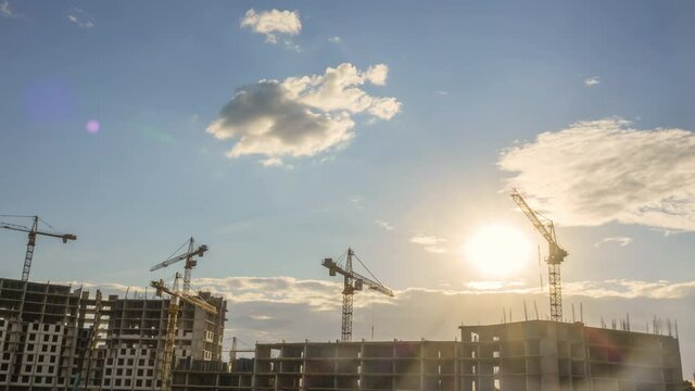 Construction of Apartments and Sunset. Time Lapse