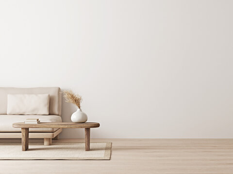 Living room interior mockup in wabi-sabi style with low sofa, jute rug and dried grass decoration on empty warm neutral wall background. 3d rendering, illustration.