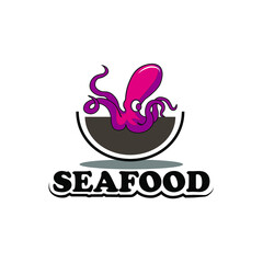 red octopus cuttlefish with tentacle in bowl silhouette for retro vintage cartoon mascot seafood restaurant logo design vector