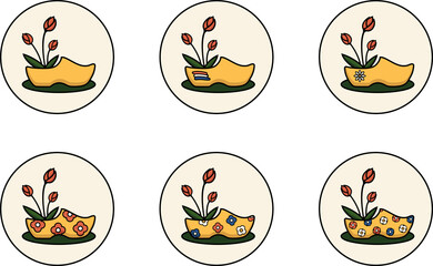 Simple graphic design of icons with tulips in clogs with different pattern. Flowers and flag of Netherlands.