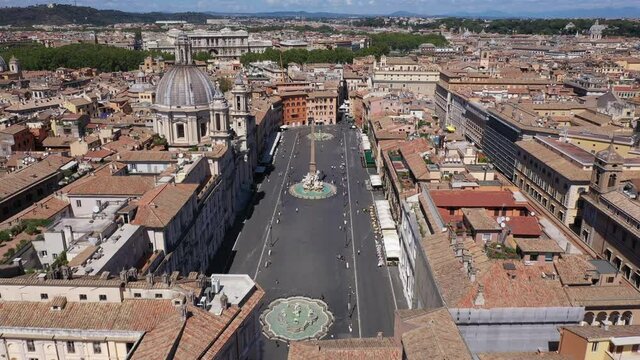 Aerial drone footage view of Navona square piazza Navona Rome Italy no video editing
