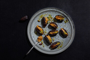 dates with peanut butter and pistachio on grey plate