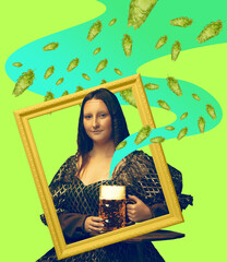 Contemporary art collage. Medieval person with beer glass. Concept of festival, national traditions, taste, drinks and holidays, oktoberfest