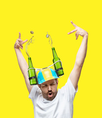 Contemporary art collage. Concept of festival, national traditions, taste, drinks and holidays, oktoberfest. Cute, funny hipster, football fan in beer cap
