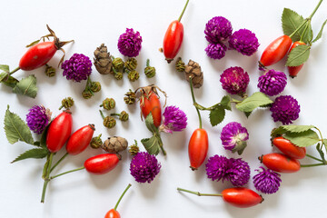 wild rose hips (fruit), pine cones, globe amaranth (purple flowers), dried leaves and beads