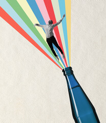 Contemporary art collage. Concept of festival, national traditions, taste, drinks and holidays, oktoberfest. Flying man.