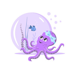 Cute purple octopus girl with a bow on her head. Vector illustration isolated on white background. Postcard design in cartoon style. Vector illustration.