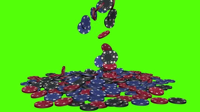 Casio chips falling into a pile on a green screen floor.