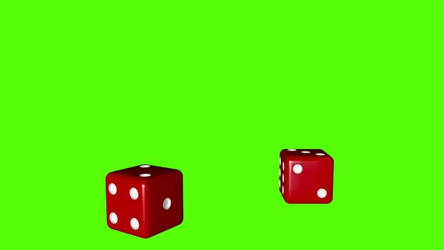 A pair of dice falling and landing on green screen floor. Realistic bounce physics.