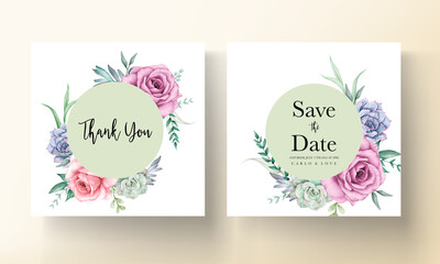 Beautiful watercolor floral wedding invitation card with roses and succulents