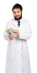 the doctor counts the money and looks at us, smiles slyly. isolated white background