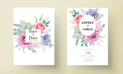 Obraz na płótnie Canvas Beautiful watercolor floral wedding invitation card with roses and succulents
