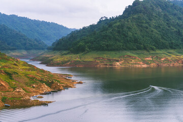 A resoervoir with the mountain background at Dam Khun Dan Pra Kan Cho, Nakhonnayok, Thailand