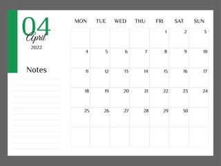 Monthly Calendar for April 2022 template planner minimalist. Colorful planner 2022 with calendar. Vector illustration. Blank white notebook page A4. Printable template. Week Starts on Monday
