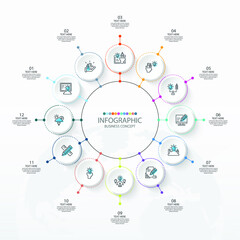 Basic circle infographic template with 12 steps, process or options, process chart, Used for process diagram, presentations, workflow layout, flow chart, infograph. Vector eps10 illustration.