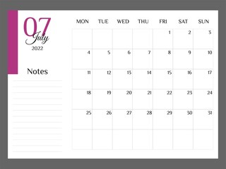 Monthly November for July 2022 template planner minimalist. Colorful planner 2022 with calendar. Vector illustration. Blank white notebook page A4. Printable template. Week Starts on Monday