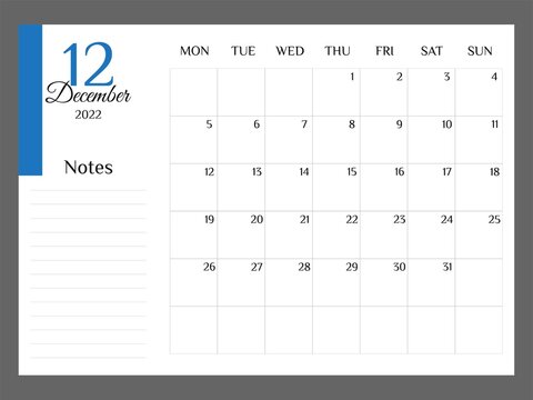 Monthly calendar for December 2022 template planner minimalist. Colorful planner 2022 with calendar. Vector illustration. Blank white notebook page A4. Printable template. Week Starts on Monday
