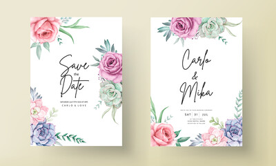 Beautiful watercolor floral wedding invitation card with roses and succulents