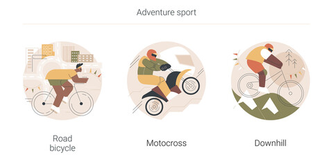 Adventure sport abstract concept vector illustration set. Road bicycle, motocross and downhill, extreme bike, motorbike race, mountain freeride, holiday adventure, cycling travel abstract metaphor.