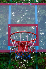 Obraz na płótnie Canvas Red basketball hoop with net with green leaves background. Sport concept