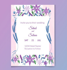 Floral Wedding invitation card with Watercolor flowers and leaves