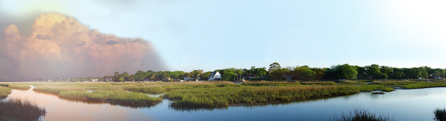 View of coastal marsh in the Low Country near Charleston SC at sunset