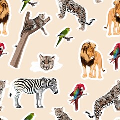 Obrazy  Colorful pattern with tiger, leopard, lion, birds animals illustration. Fashion ornament on beige background.